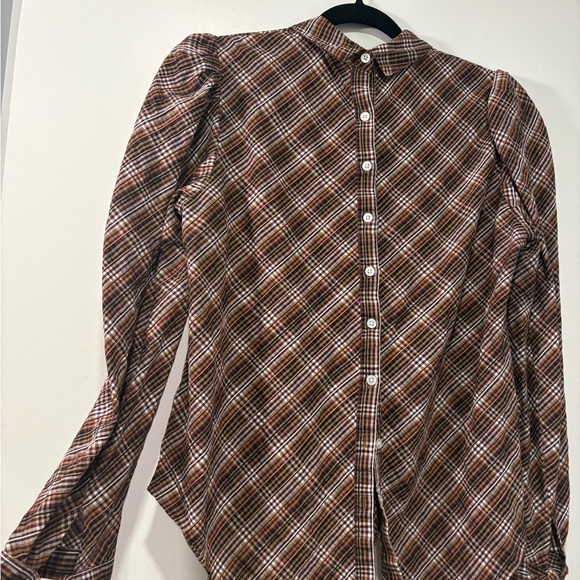 Veronica Beard Isabel Plaid Brown Grey Black White Women's Poof Sleeve Top M - Picture 3 of 13